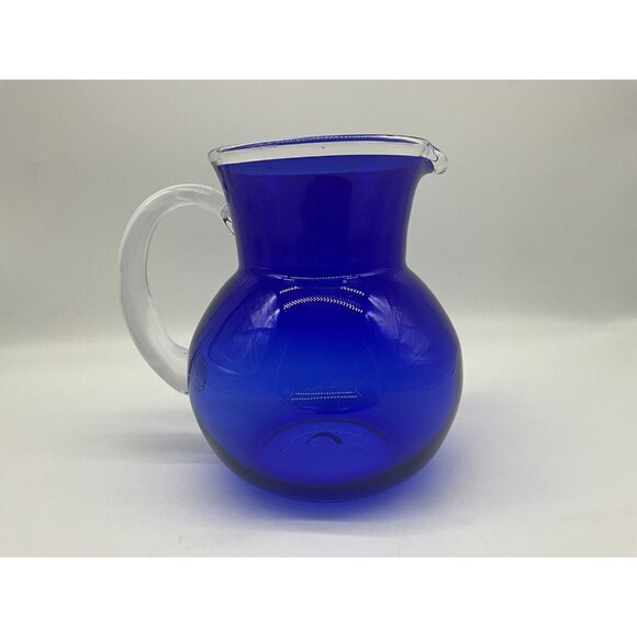 Handblown Vintage Pitcher Cobalt Blue and Clear Art Glass Quality Workmanship - Picture 7 of 16